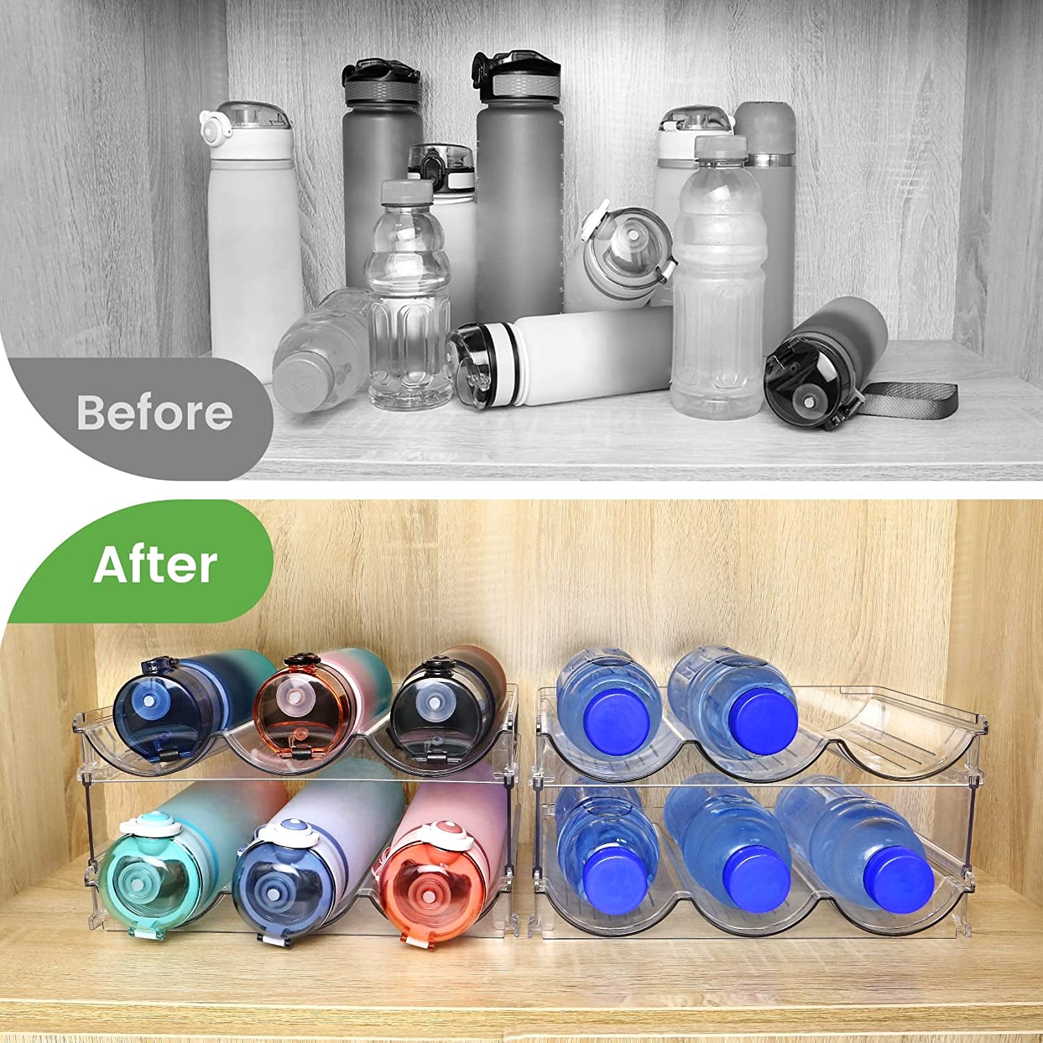 Effortlessly Organize Your Water Bottles with Our Stackable 2-Pack Water Bottle Storage Rack
