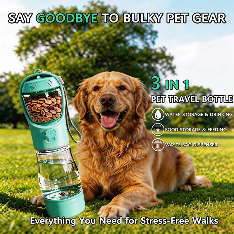 Ultimate 3-in-1 Pet Water Bottle - Leak-Proof 20 Oz Travel Companion with Poop Bag Dispenser for Dogs & Cats